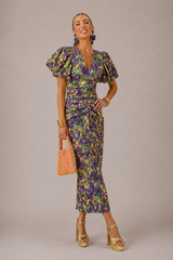 Women's Puff Sleeve Ruched Midi Dress