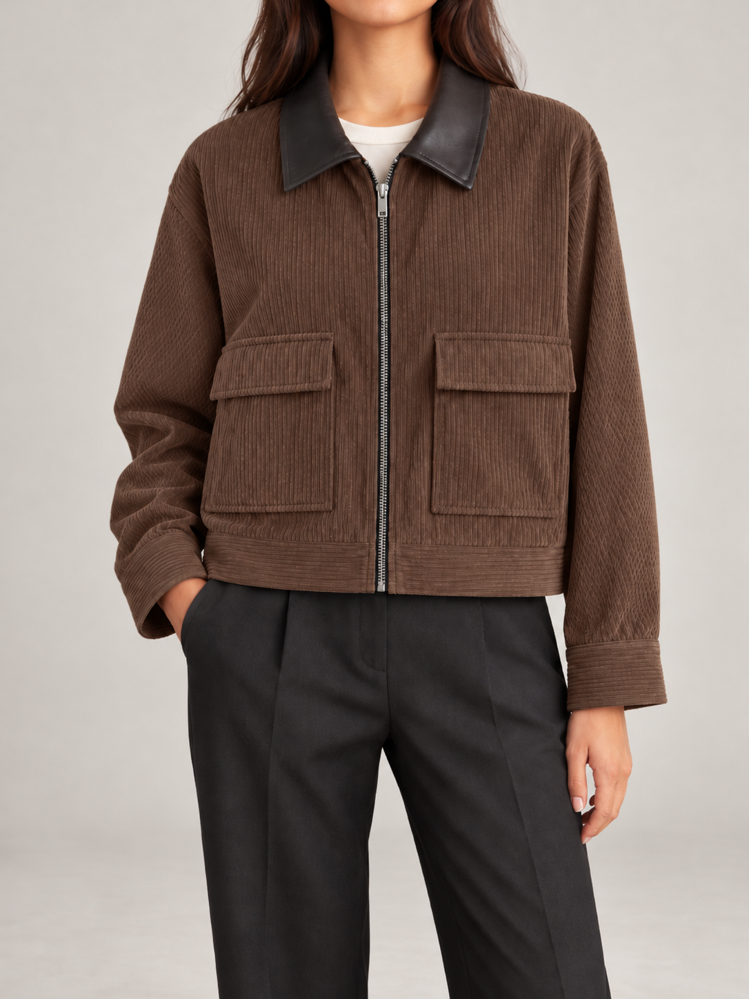 Women's Cropped Corduroy Jacket | Faux Leather Collar