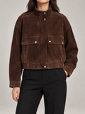 Women's Faux Suede Bomber Jacket | Stand Collar, Flap Pockets