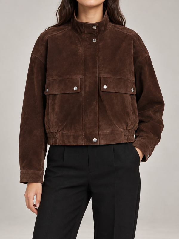 Women's Faux Suede Bomber Jacket | Stand Collar, Flap Pockets