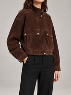 Women's Faux Suede Bomber Jacket | Stand Collar, Flap Pockets