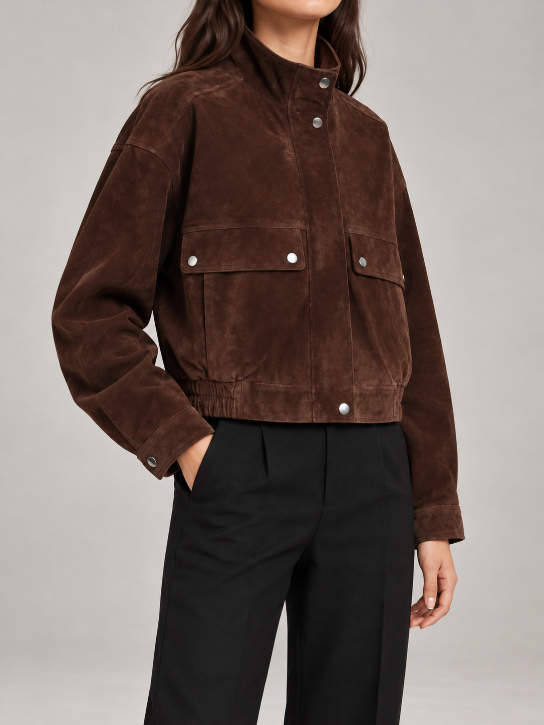 Women's Faux Suede Bomber Jacket | Stand Collar, Flap Pockets