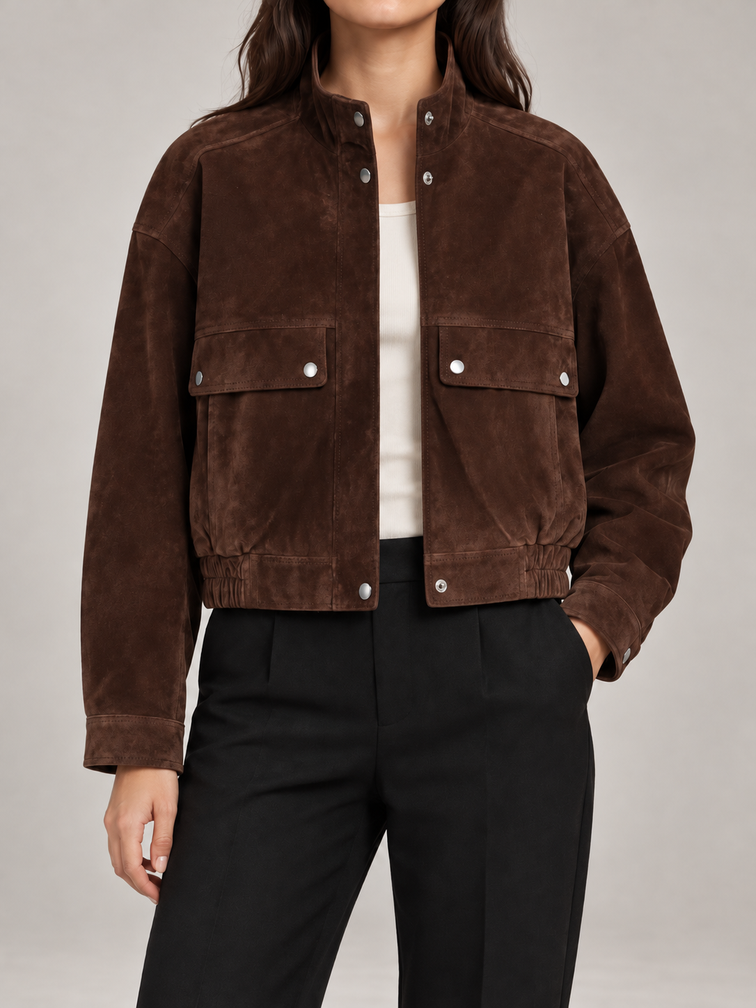 Women's Faux Suede Bomber Jacket | Stand Collar, Flap Pockets