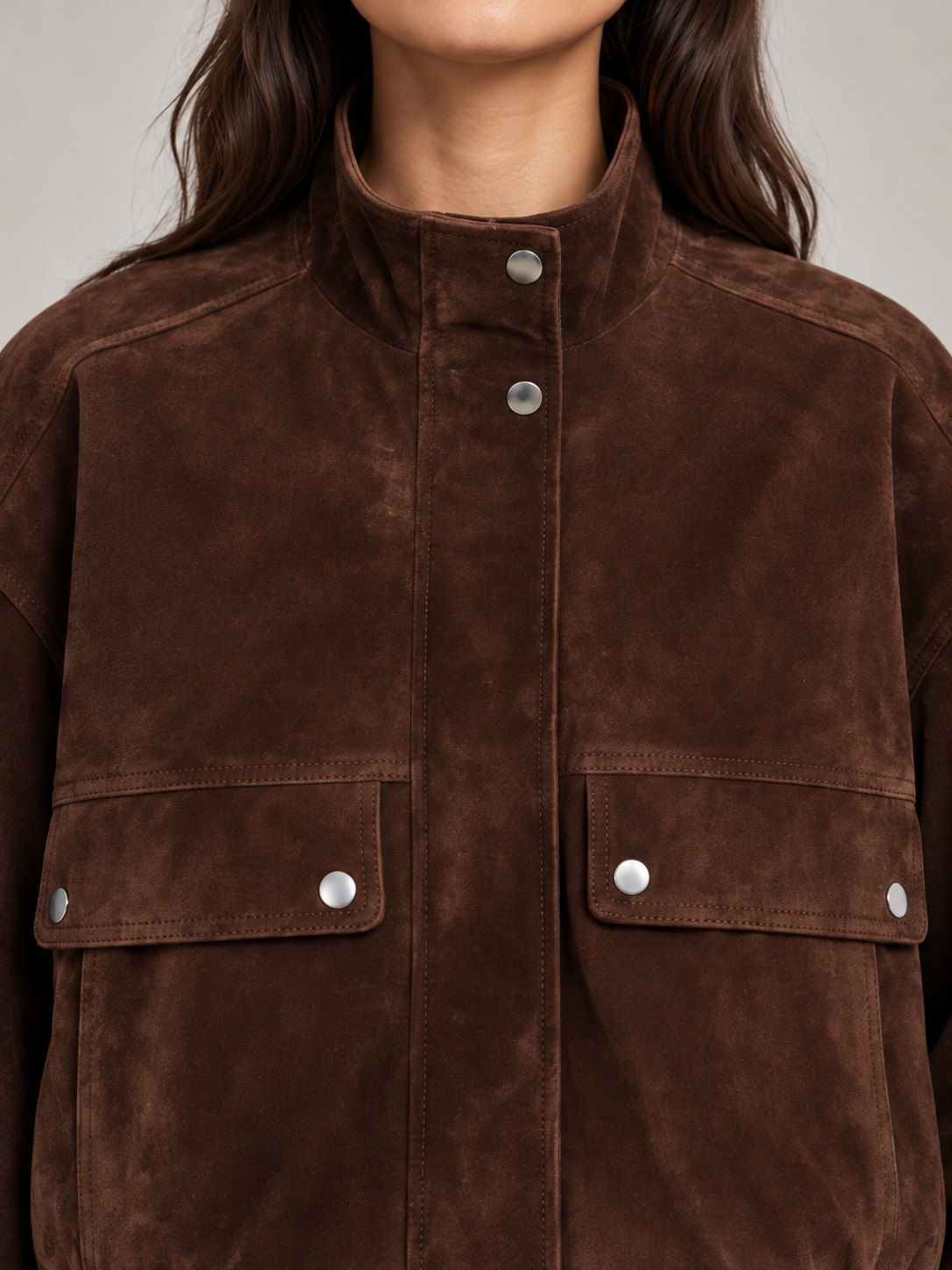 Women's Faux Suede Bomber Jacket | Stand Collar, Flap Pockets