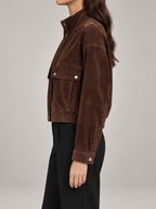 Women's Faux Suede Bomber Jacket | Stand Collar, Flap Pockets