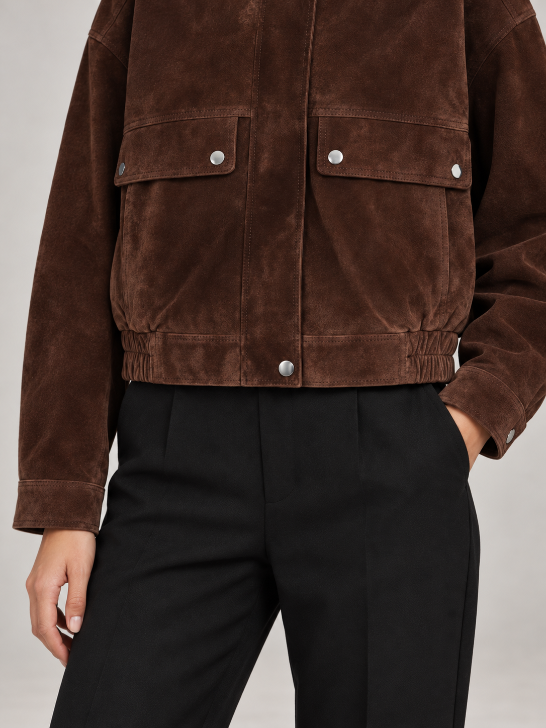 Women's Faux Suede Bomber Jacket | Stand Collar, Flap Pockets