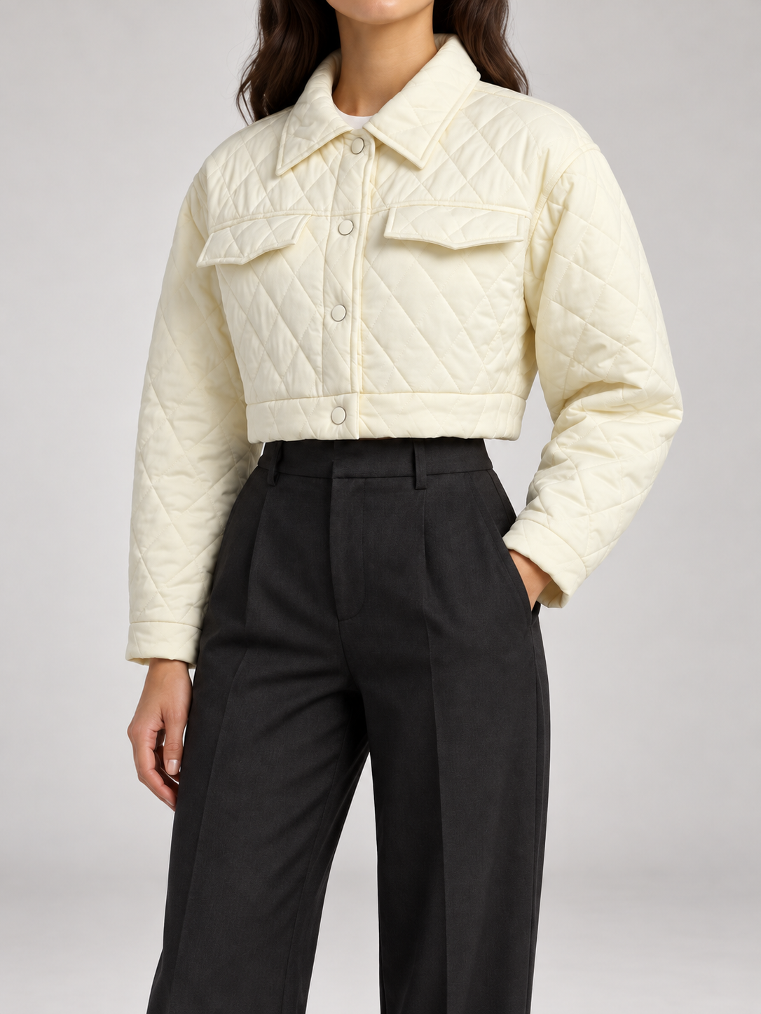 Women's Cropped Quilted Jacket | Collared, Snap Front