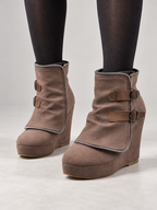 Women's Faux Suede Wedge Ankle Boots | Zip Trim, Buckle Straps
