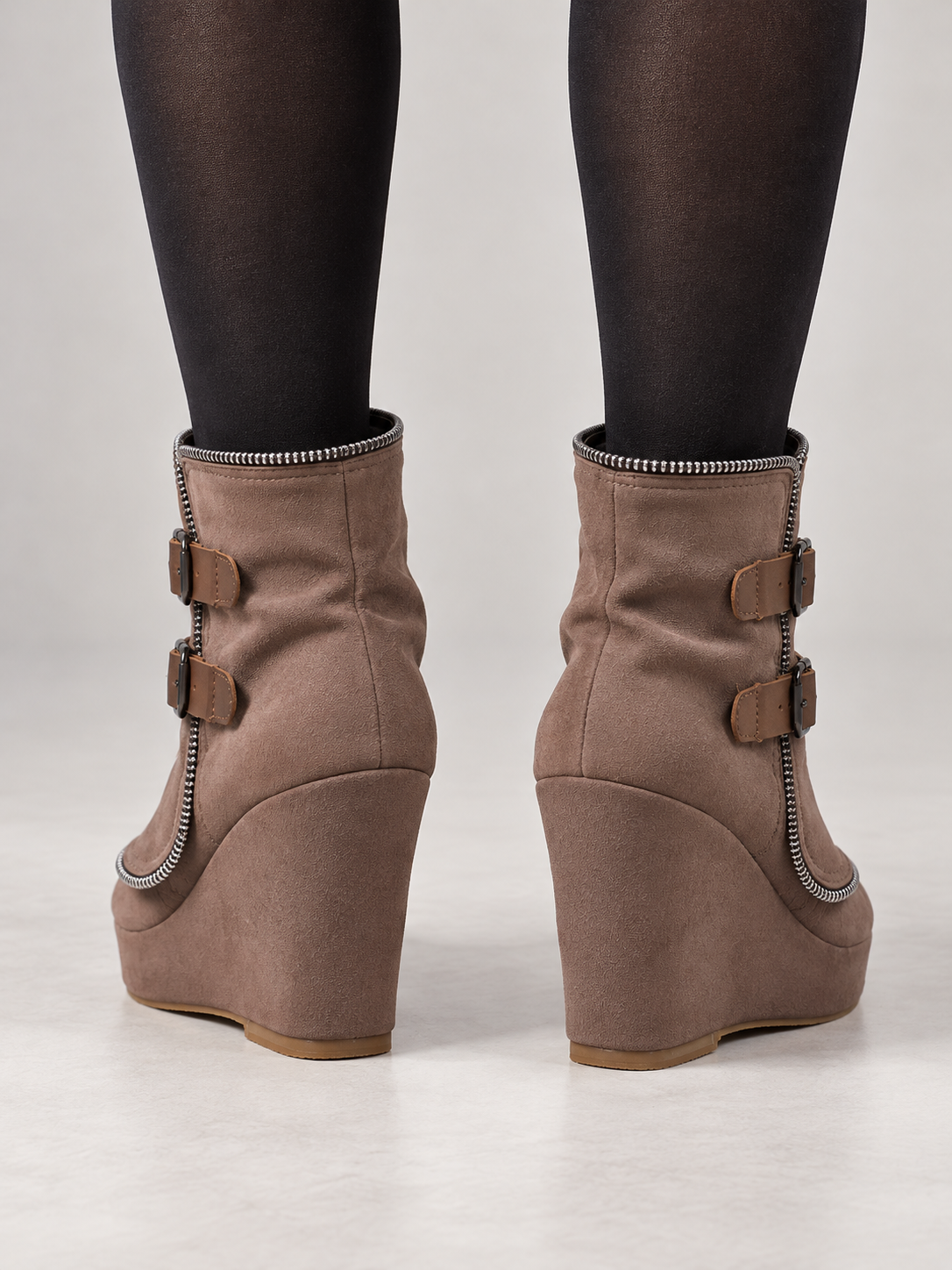 Women's Faux Suede Wedge Ankle Boots | Zip Trim, Buckle Straps