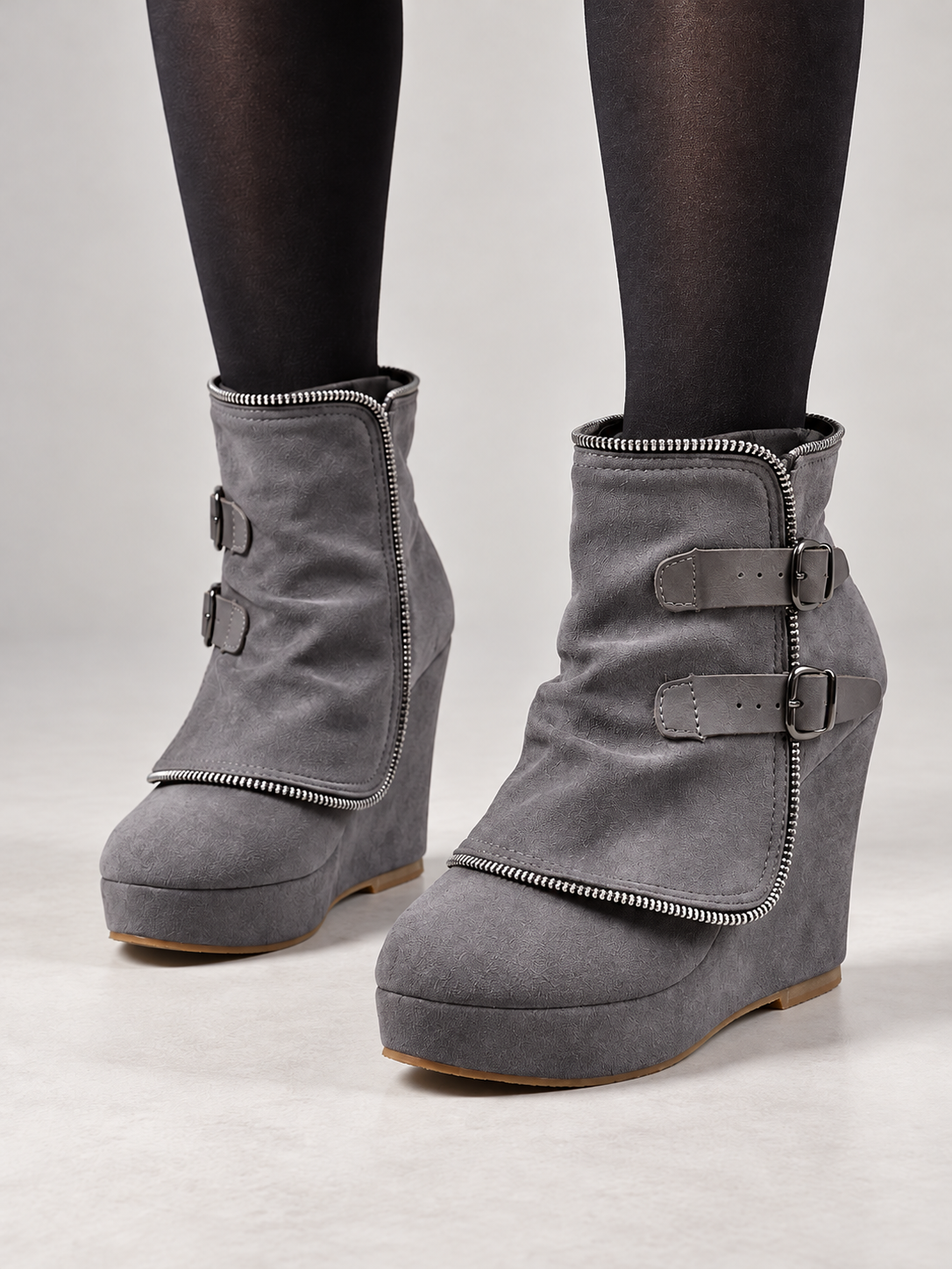 Women's Faux Suede Wedge Ankle Boots | Zip Trim, Buckle Straps
