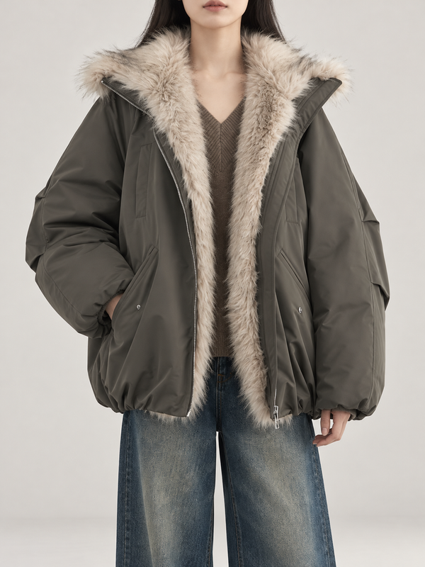 Women's Faux Fur Lined Hooded Puffer Jacket | Oversized