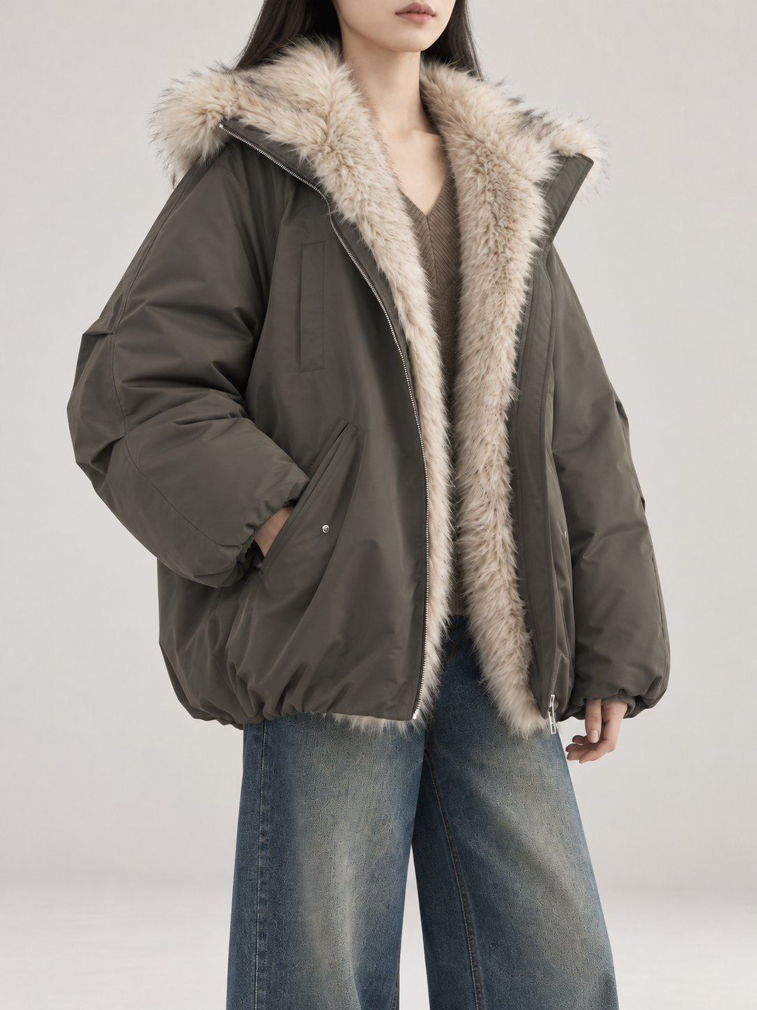 Women's Faux Fur Lined Hooded Puffer Jacket | Oversized