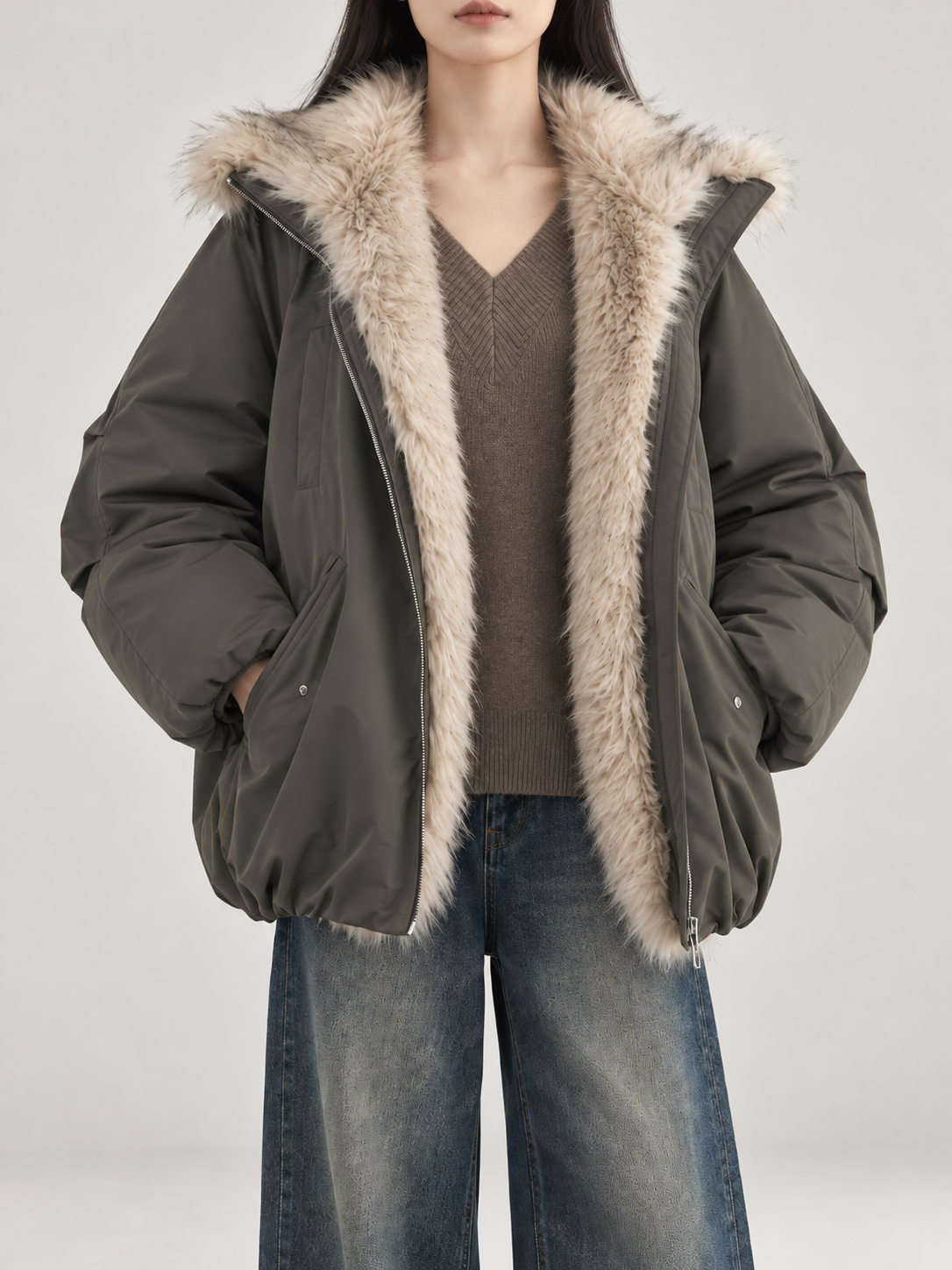 Women's Faux Fur Lined Hooded Puffer Jacket | Oversized