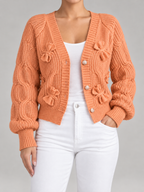 Women's Bow Detail Cable Knit Cardigan | V-Neck, Pearl Buttons