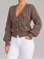 Women's Bow Detail Cable Knit Cardigan | V-Neck, Pearl Buttons