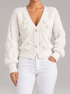 Women's Bow Detail Cable Knit Cardigan | V-Neck, Pearl Buttons
