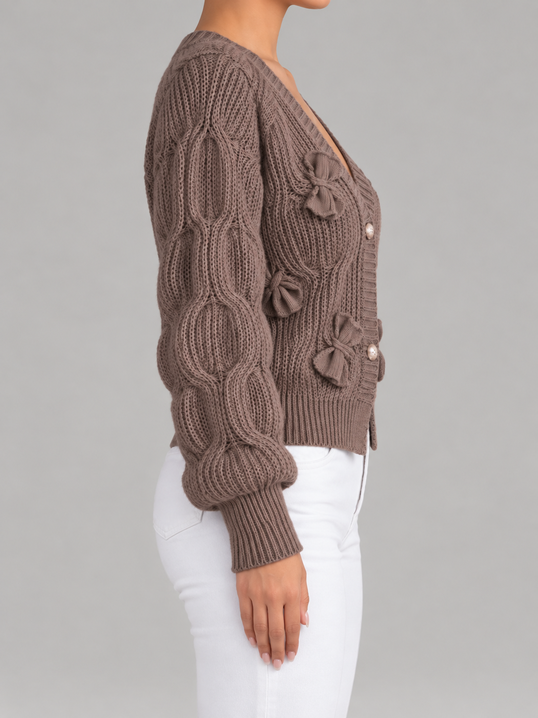 Women's Bow Detail Cable Knit Cardigan | V-Neck, Pearl Buttons