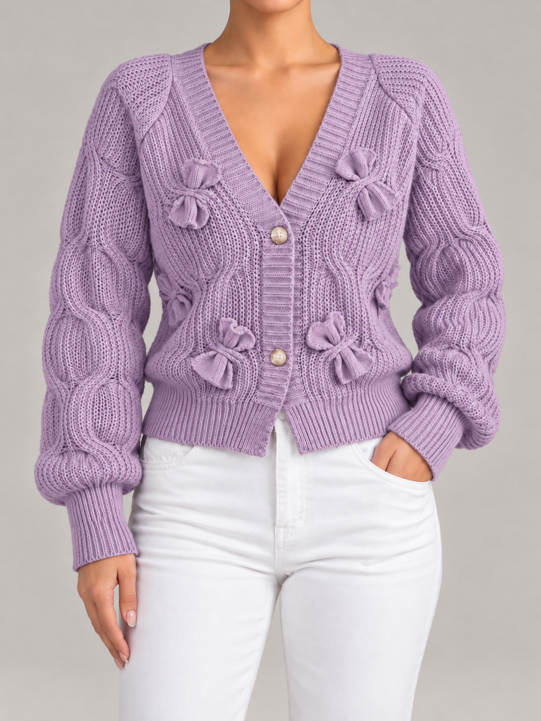 Women's Bow Detail Cable Knit Cardigan | V-Neck, Pearl Buttons