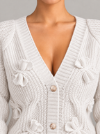 Women's Bow Detail Cable Knit Cardigan | V-Neck, Pearl Buttons