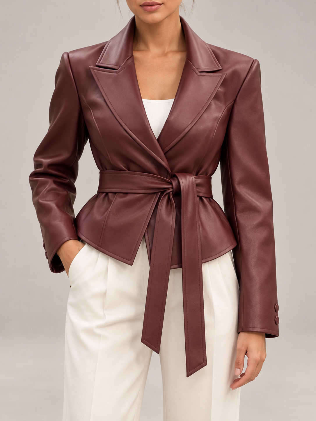 Women's Faux Leather Belted Blazer | Peak Lapel, Tie Waist