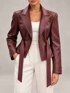 Women's Faux Leather Belted Blazer | Peak Lapel, Tie Waist