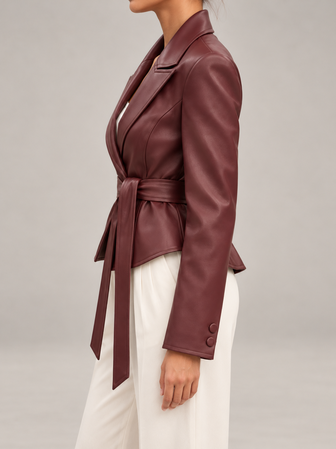 Women's Faux Leather Belted Blazer | Peak Lapel, Tie Waist