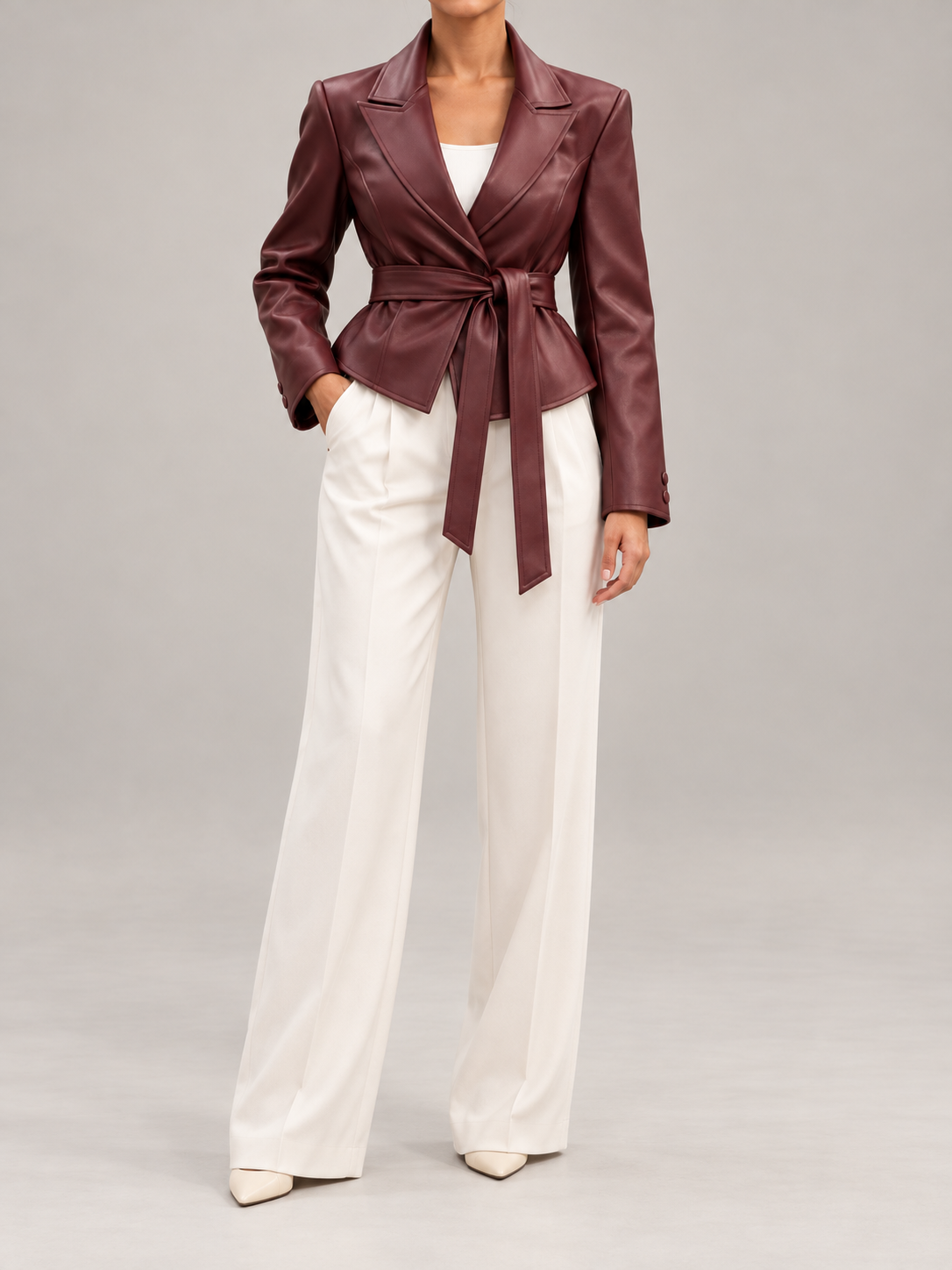 Women's Faux Leather Belted Blazer | Peak Lapel, Tie Waist