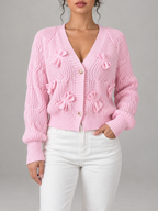 Women's Pink Bow Detail Cable Knit Cardigan | V-Neck, Pearl Buttons