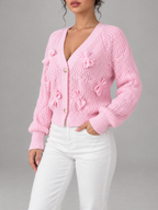 Women's Pink Bow Detail Cable Knit Cardigan | V-Neck, Pearl Buttons