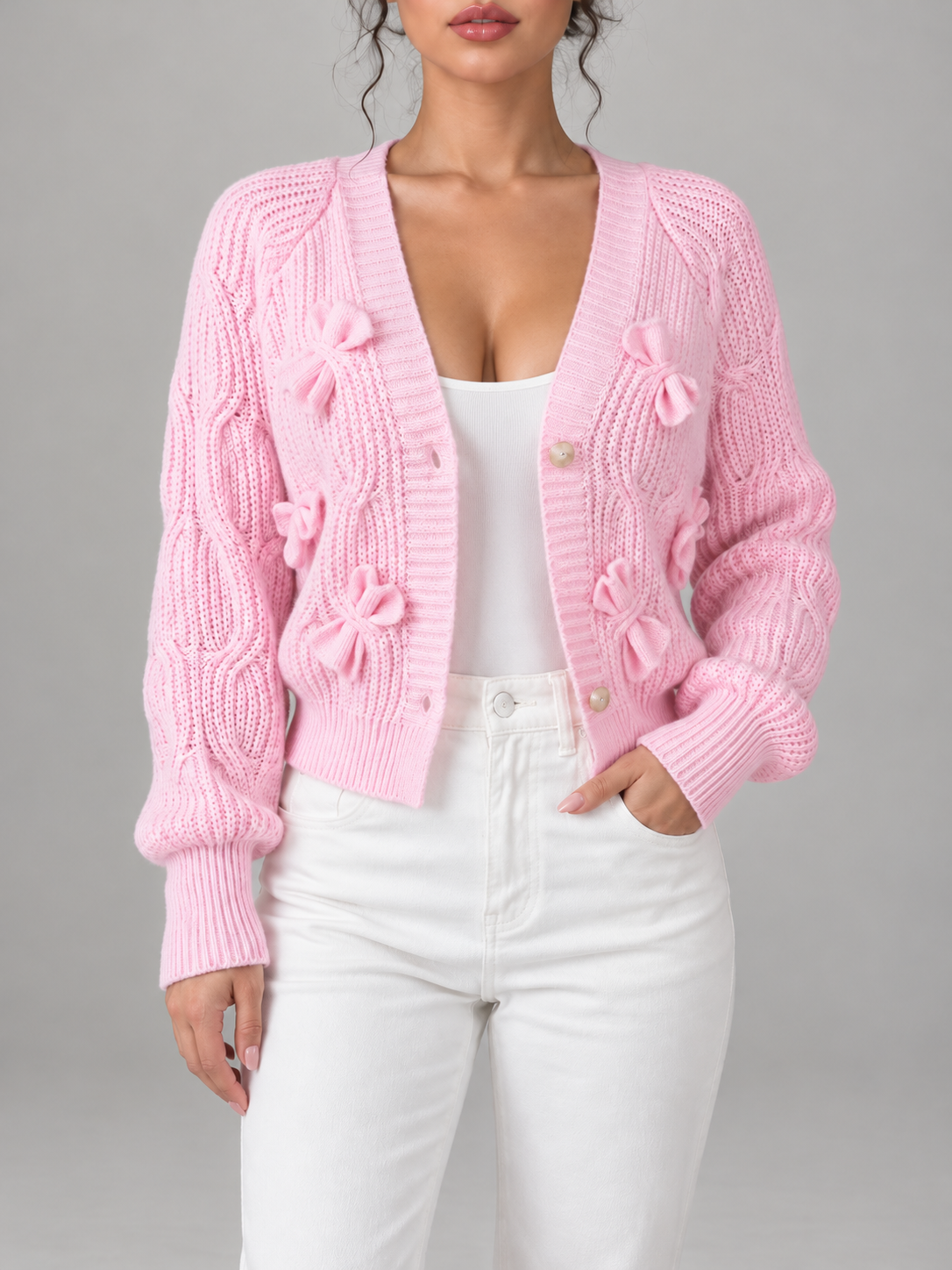 Women's Pink Bow Detail Cable Knit Cardigan | V-Neck, Pearl Buttons