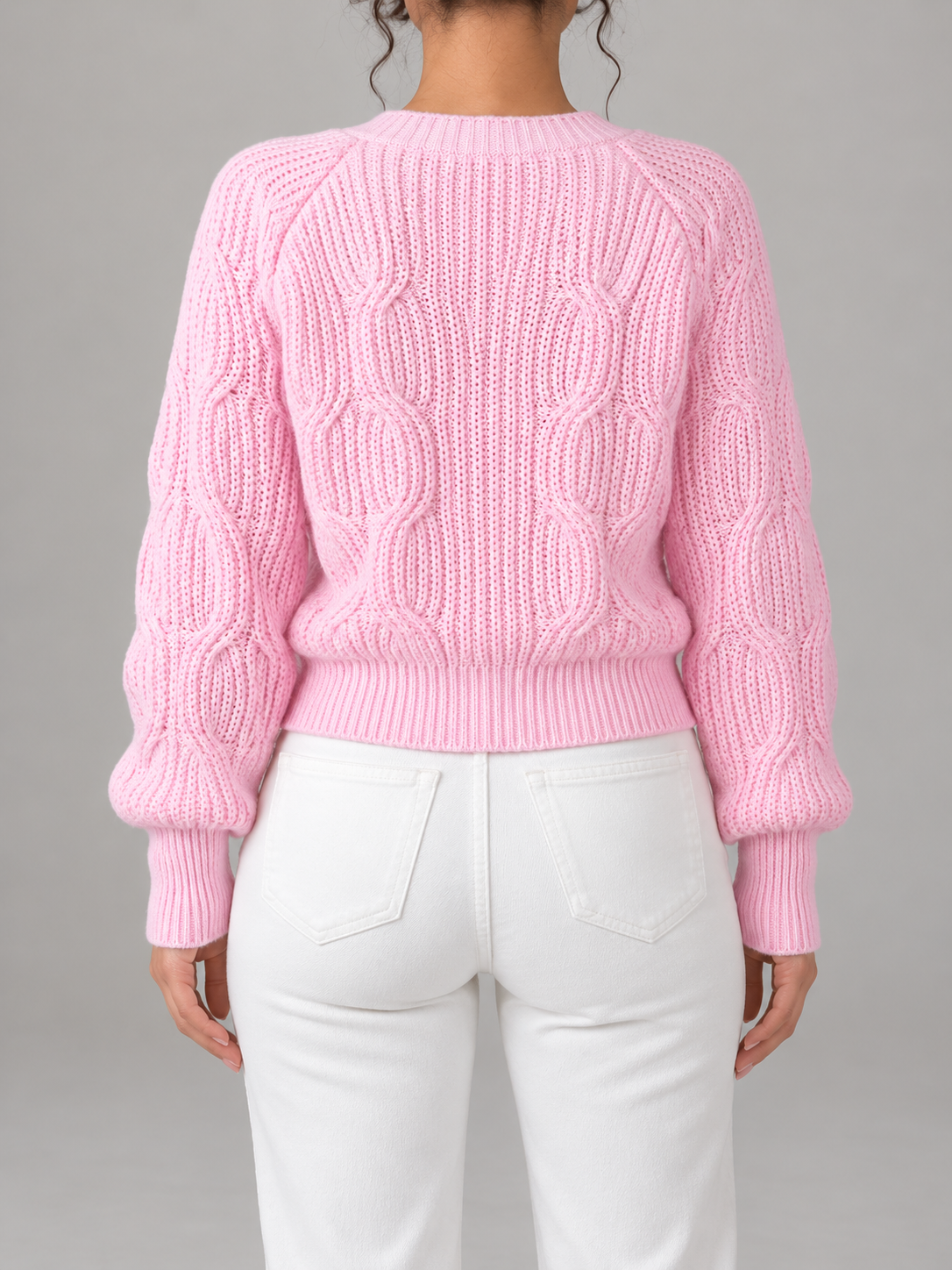 Women's Pink Bow Detail Cable Knit Cardigan | V-Neck, Pearl Buttons