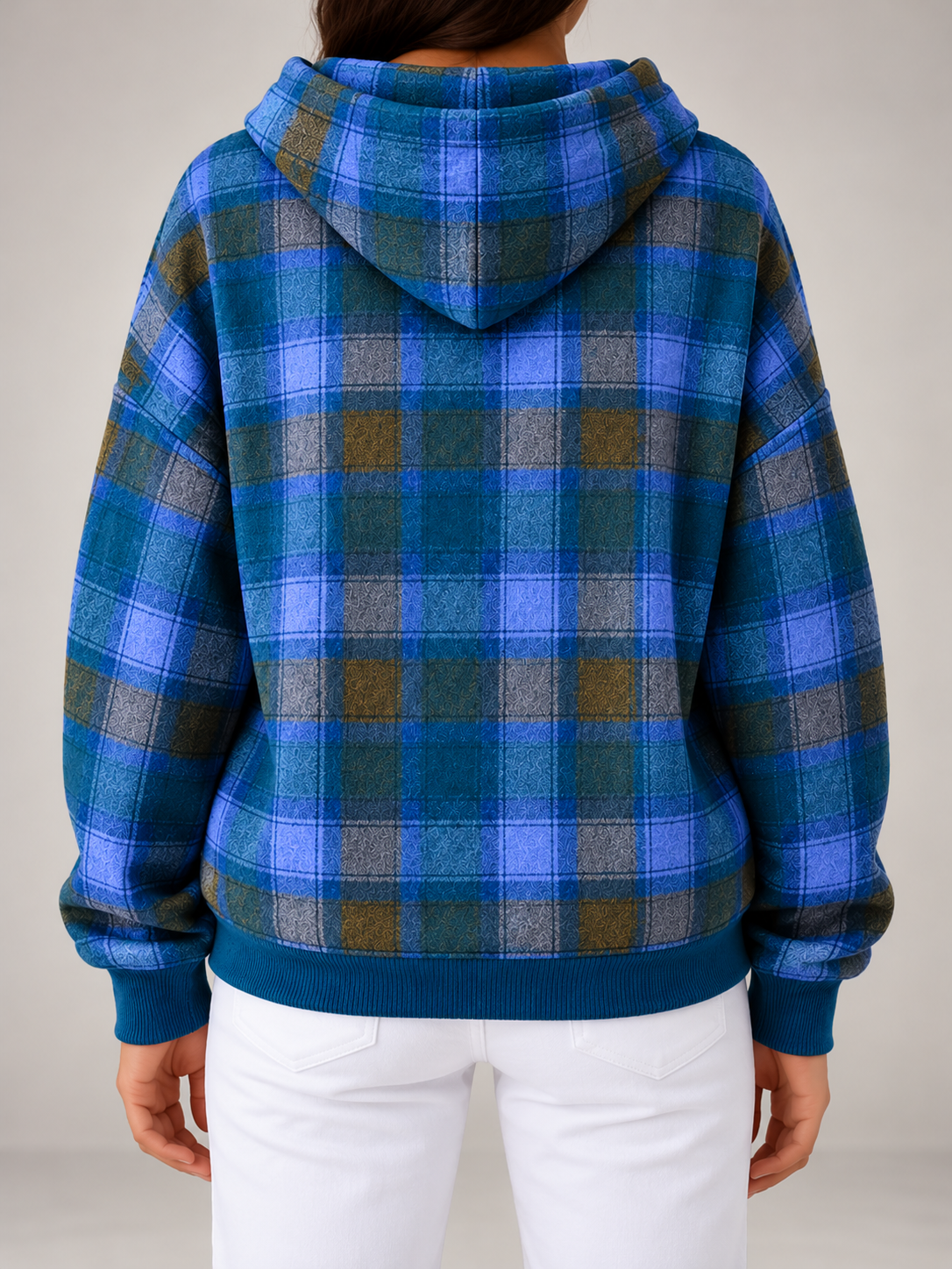 Women's Check Oversized Hoodie | Drawstring Hood, Kangaroo Pocket