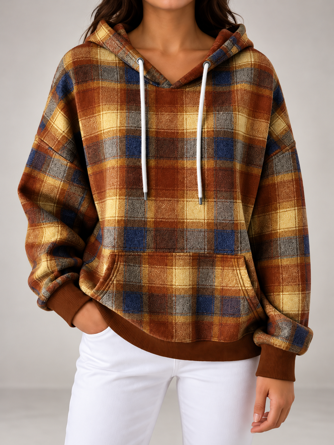 Women's Check Oversized Hoodie | Drawstring Hood, Kangaroo Pocket