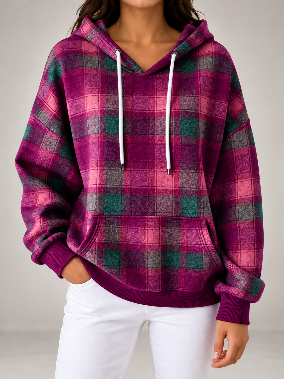 Women's Check Oversized Hoodie | Drawstring Hood, Kangaroo Pocket