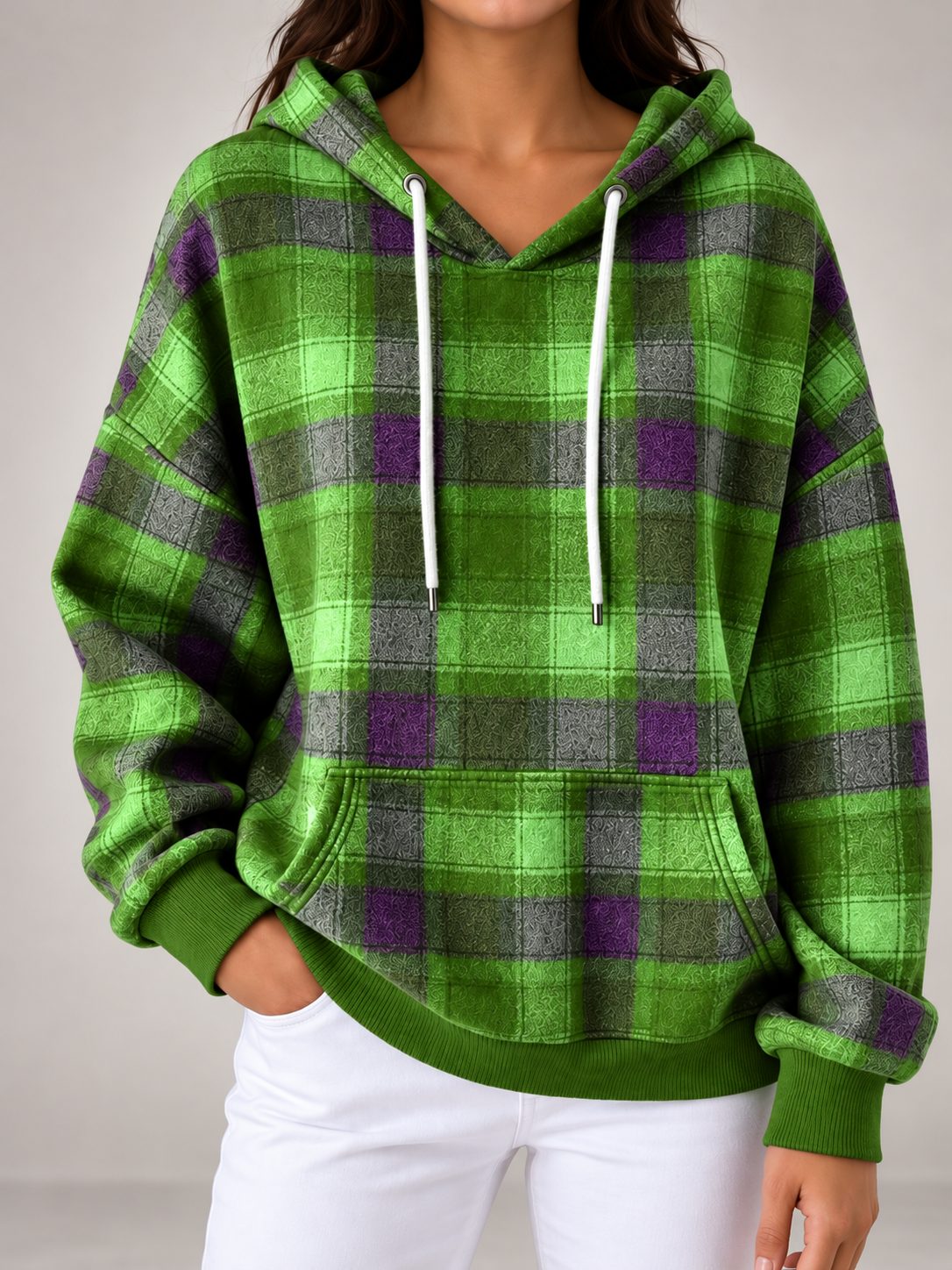 Women's Check Oversized Hoodie | Drawstring Hood, Kangaroo Pocket