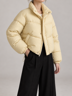 Women's Cropped Puffer Jacket | Stand Collar, Drawstring Hem