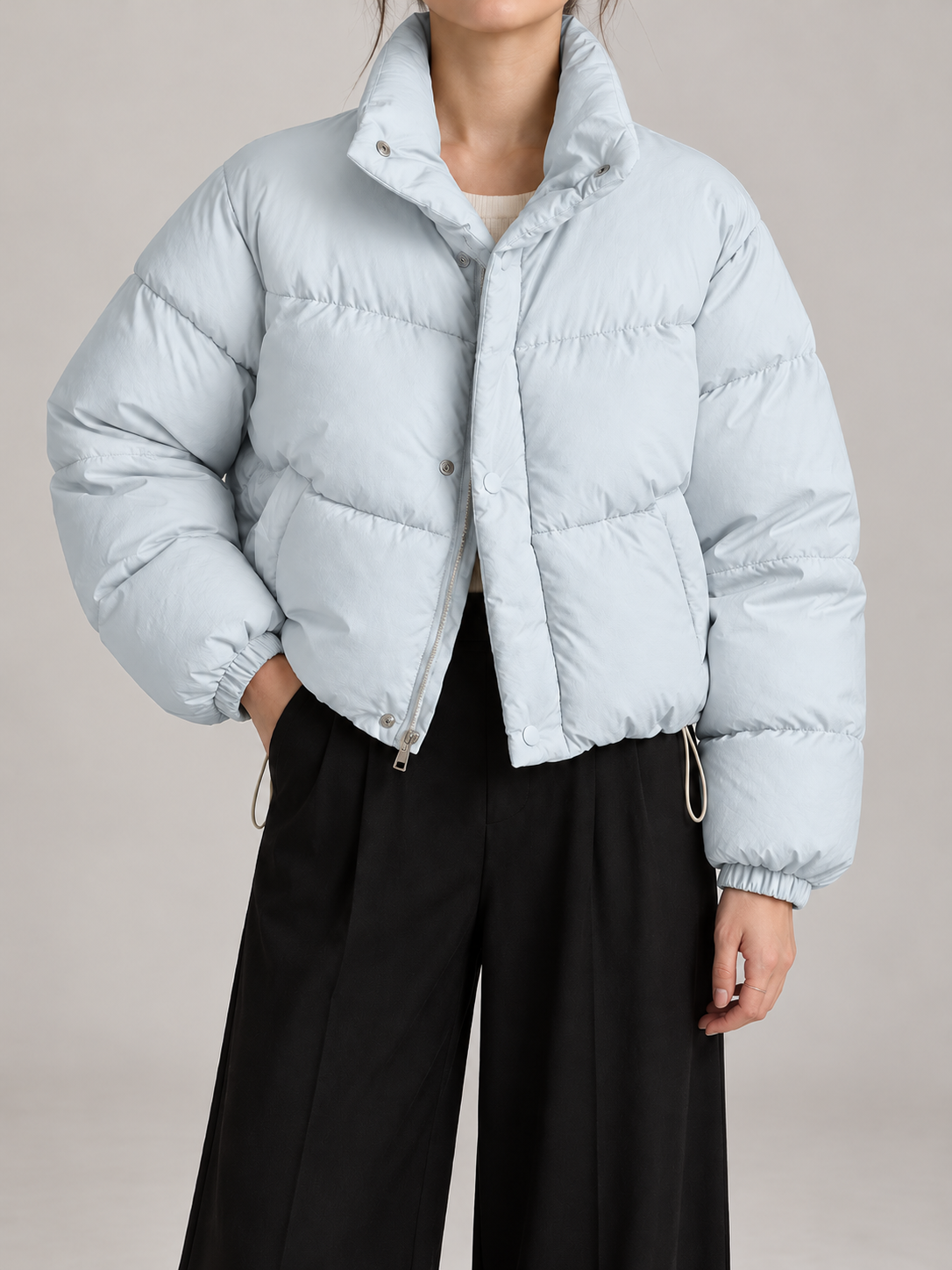 Women's Cropped Puffer Jacket | Stand Collar, Drawstring Hem