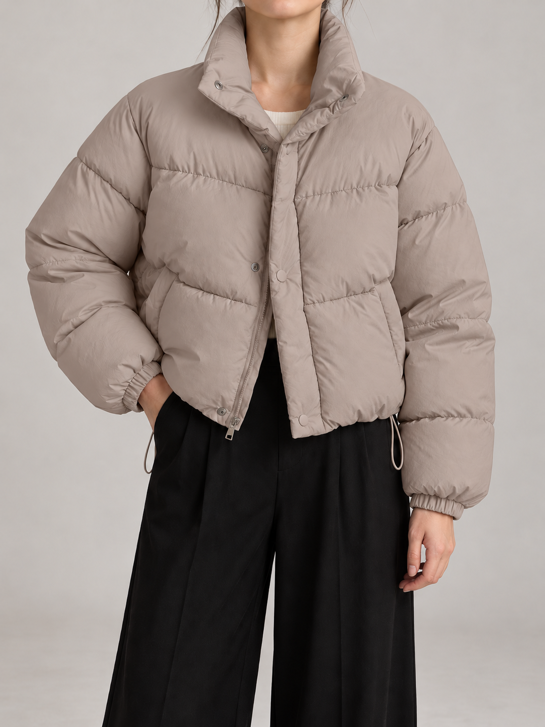 Women's Cropped Puffer Jacket | Stand Collar, Drawstring Hem