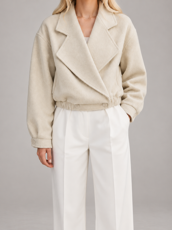 Women's Cropped Wool-Blend Jacket | Blazer Collar, Elasticated Hem