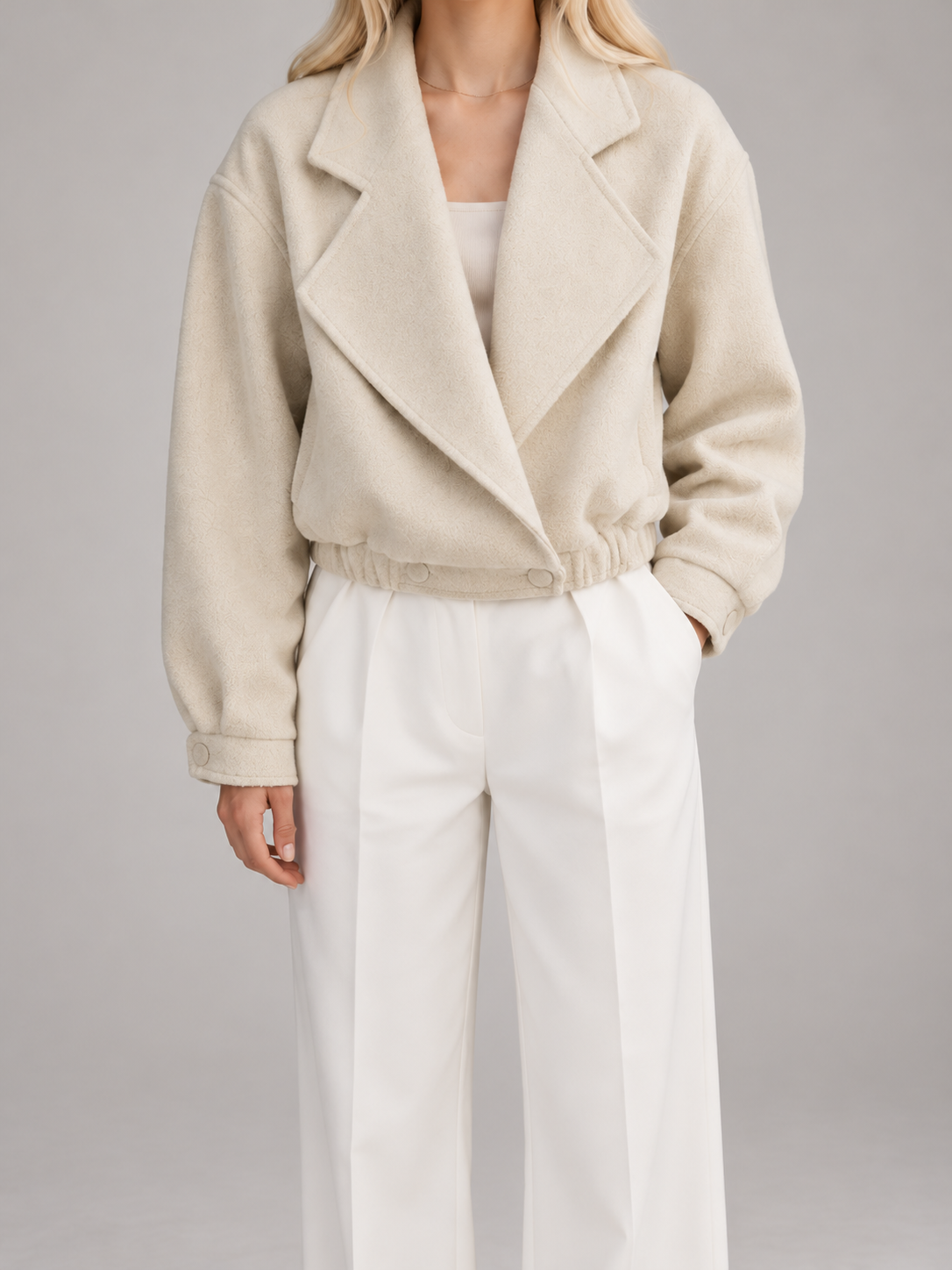 Women's Cropped Wool-Blend Jacket | Blazer Collar, Elasticated Hem