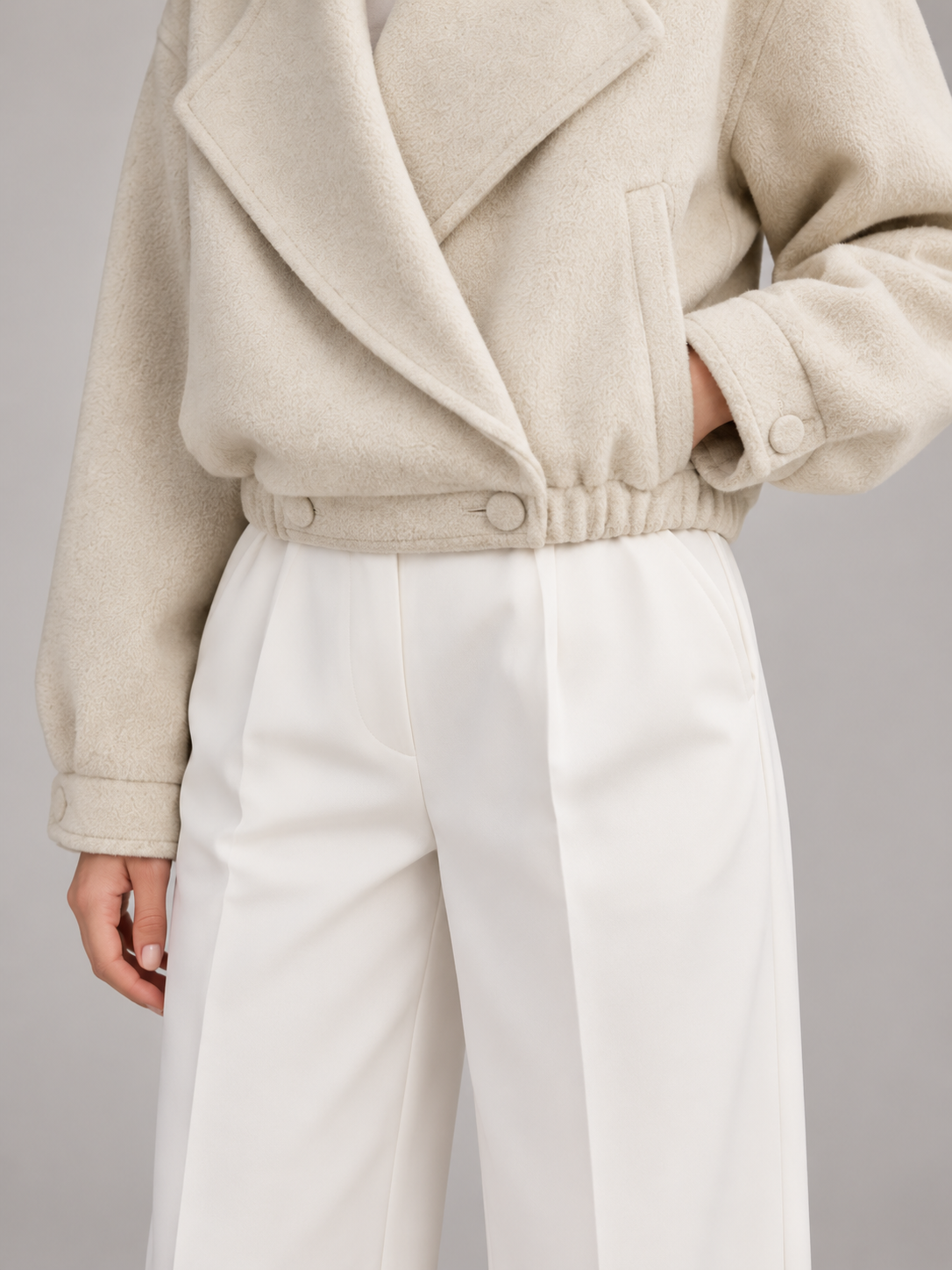 Women's Cropped Wool-Blend Jacket | Blazer Collar, Elasticated Hem