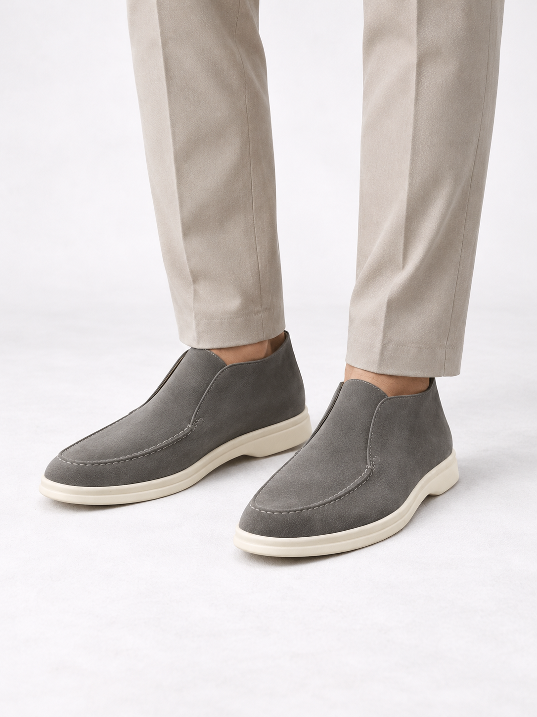 Men's Faux Suede Slip-On Ankle Loafers | Contrast White Sole