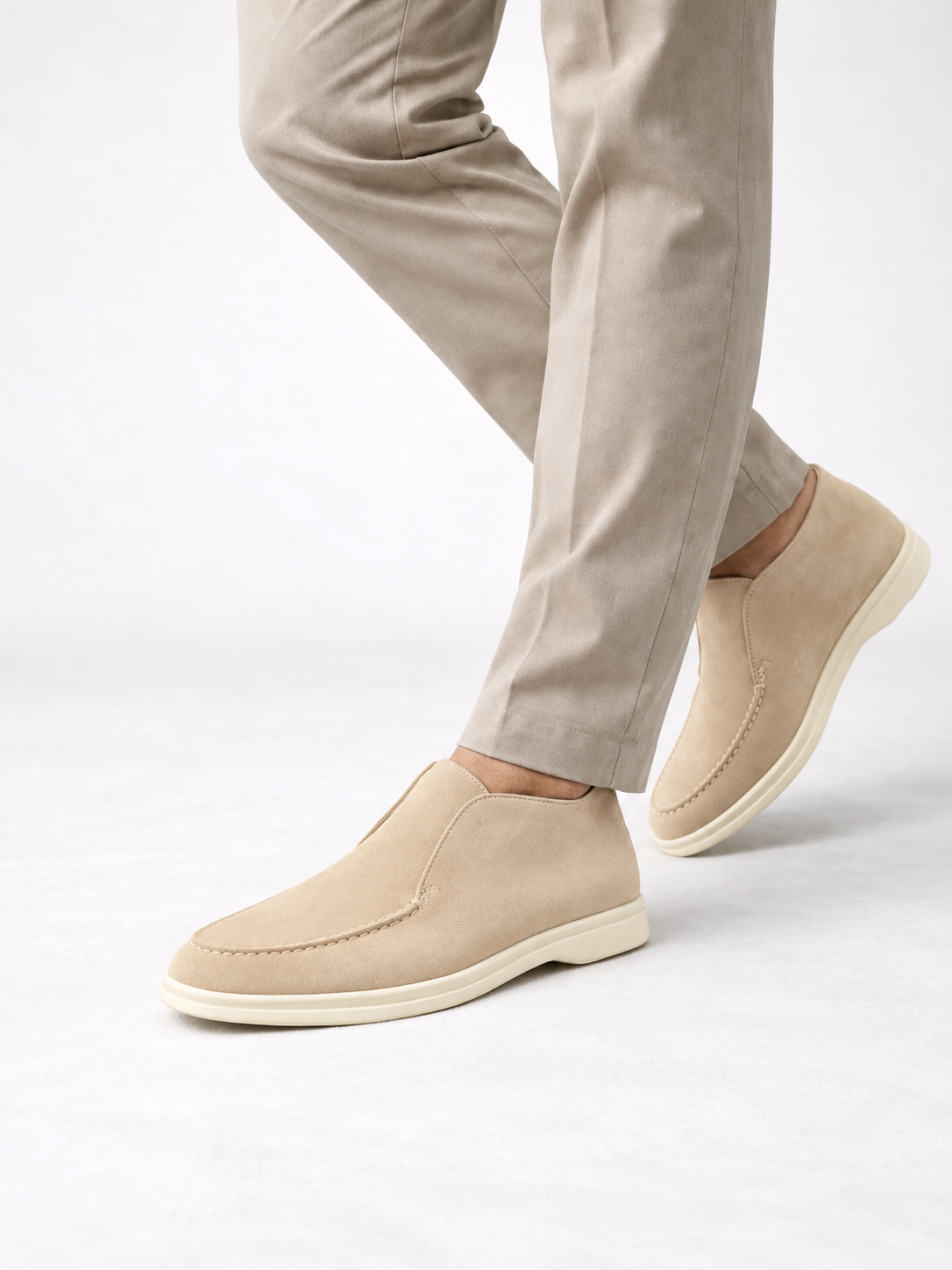 Men's Faux Suede Slip-On Ankle Loafers | Contrast White Sole