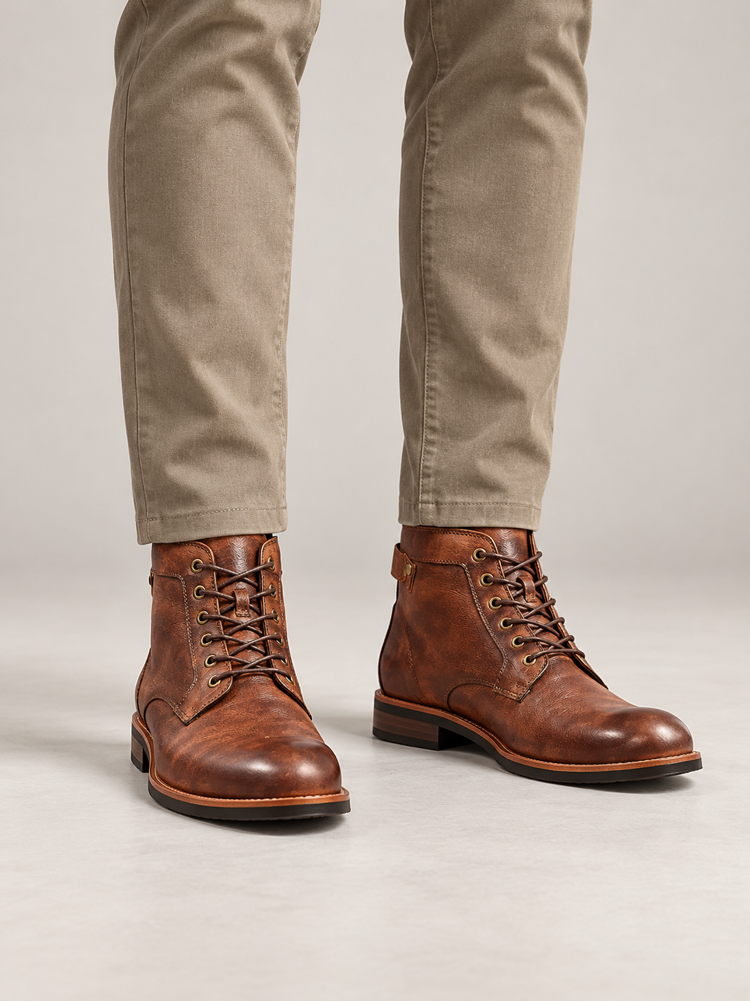 Men's Leather-Look Lace-Up Boots | Side Buckle Strap