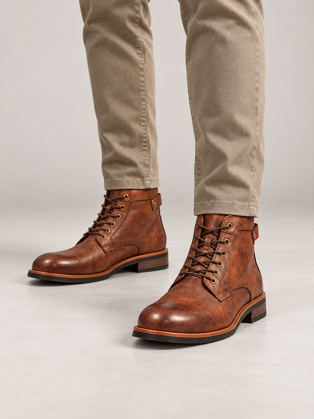 Men's Leather-Look Lace-Up Boots | Side Buckle Strap
