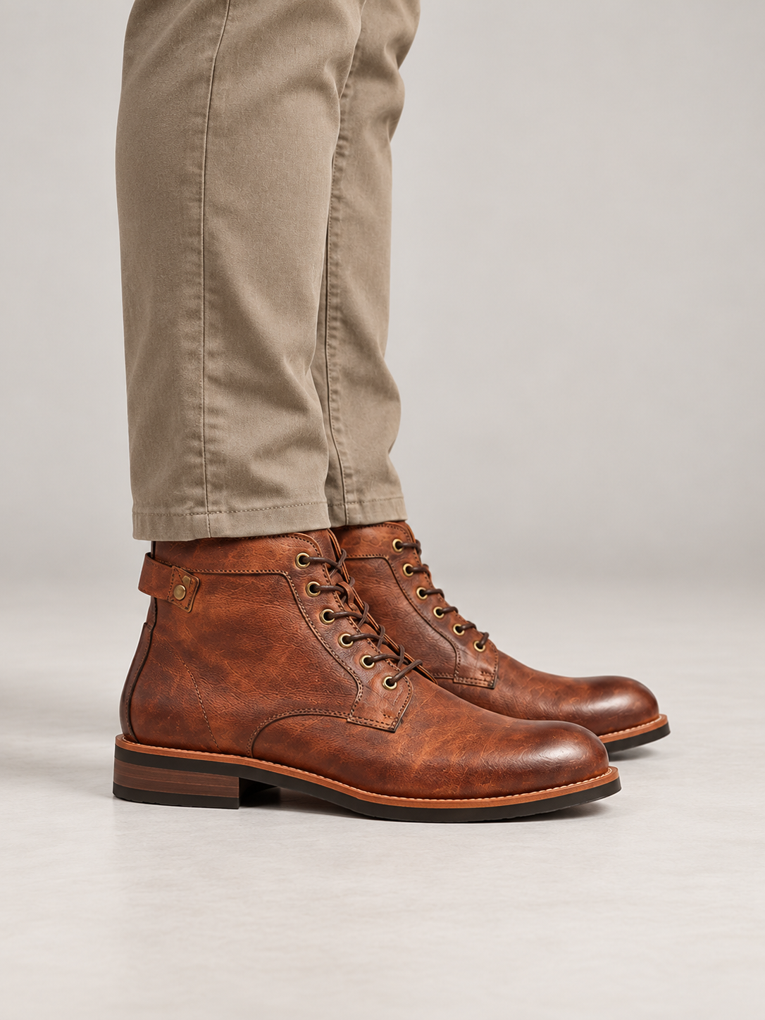 Men's Leather-Look Lace-Up Boots | Side Buckle Strap
