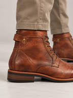 Men's Leather-Look Lace-Up Boots | Side Buckle Strap