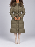 Women's Long Belted Puffer Coat | Faux Fur Collar