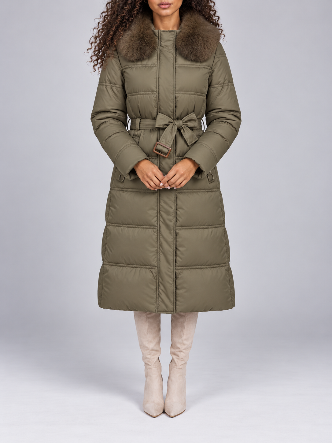 Women's Long Belted Puffer Coat | Faux Fur Collar