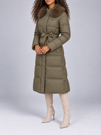 Women's Long Belted Puffer Coat | Faux Fur Collar